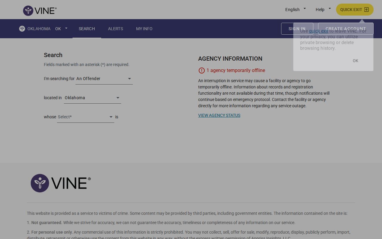 OK VINE search for Lincoln County released inmate custody status